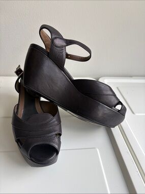 Marni Dark Brown Leather Peep-Toe Wedge Sandals with Ankle Strap
